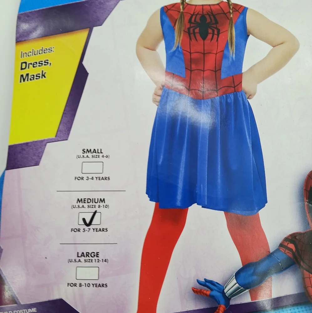 Marvel Spider Girl Costume Girls Halloween Dress Mask Superhero Size M 5-7 Year